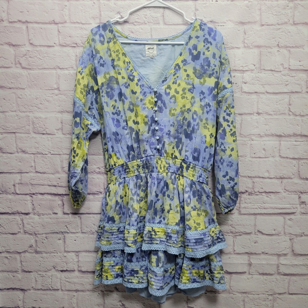 Aerie Rock n Ruffle Animal Print Mini Dress Size L Blue Green Long Sleeve V-Neck